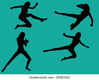 4 female kung fu silhouettes.