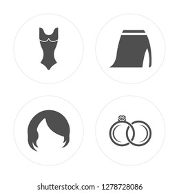 4 Female swimsuit, Hair wig with side, Skirt slit and belt, Engagement ring modern icons on round shapes, vector illustration, eps10, trendy icon set.