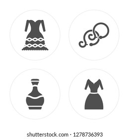 4 Feminine fashion, Perfume bottle, Round earrings, Vintage dress modern icons on round shapes, vector illustration, eps10, trendy icon set.