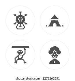 4 Ferris Wheel, Circus Monkey, Tent, Clown with Hat modern icons on round shapes, vector illustration, eps10, trendy icon set.