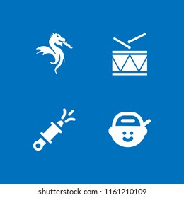 4 festival icons in vector set. holi, dragon, military drum musical instrument and rapper illustration for web and graphic design