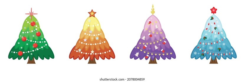 4 festive colorful Christmas New Year trees in green, orange, purple and blue colors decorated with garlands, stars, balls, socks and snowflakes.  