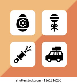 4 festive icons in vector set. car with luggage, holi, holiday and birthday and party illustration for web and graphic design