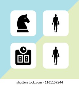 4 figure icons in vector set. standing human body silhouette, chess and weight illustration for web and graphic design