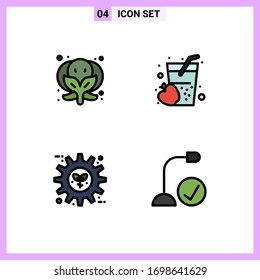 4 Concepto de color plano de línea llena para los sitios web móviles y aplicaciones brócoli; engranaje; manzana; jugo; configuración de elementos de diseño de vectores editables