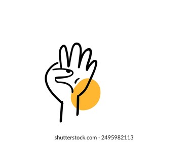 4 finger hand symbol with yellow strokes, hand drawn vector illustration.