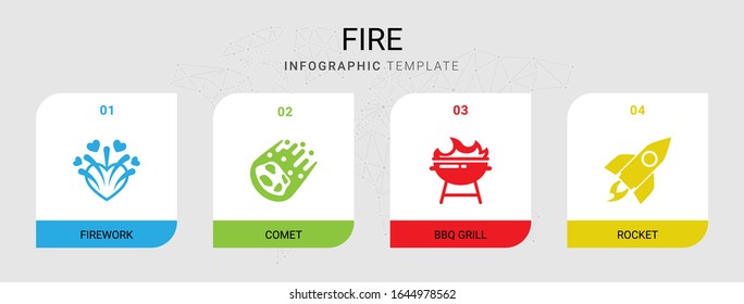 4 fire filled icons set isolated on infographic template. Icons set with firework, comet, BBQ Grill, rocket icons.