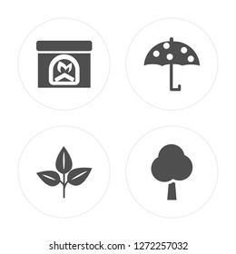 4 Fireplace, Leaf, Umbrella, Tree modern icons on round shapes, vector illustration, eps10, trendy icon set.