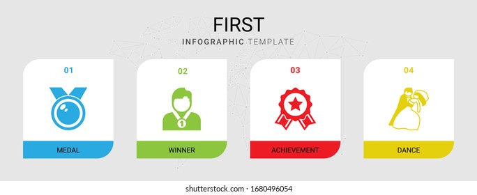 4 first filled icons set isolated on infographic template. Icons set with medal, winner, achievement, dance icons.