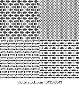 4 fish themed patterns. Black-and-white. Vector illustration