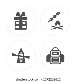 4 Fishing vest, Canoe, Marshmallow, Backpack modern icons on round shapes, vector illustration, eps10, trendy icon set.