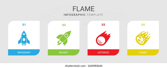 4 flame filled icons set isolated on infographic template. Icons set with spaceship, rocket, asteroid, comet icons.