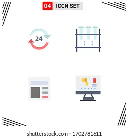 4 Flat Icon concept for Websites Mobile and Apps concierge; lab glassware; round the clock; chemical flask; document Editable Vector Design Elements