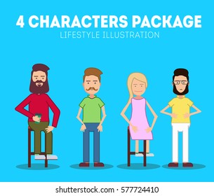 4 flat vector characters with beard  design pack illustration. 1 Woman and 3 men isolated set for flyers, banners, brochure title page 