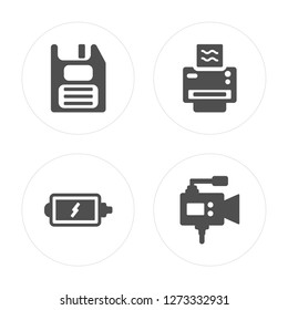 4 Floppy Disk, Charging Battery, Printer, Video Camera modern icons on round shapes, vector illustration, eps10, trendy icon set.