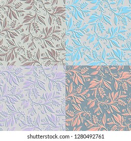 4 Floral seamless patterns with leaves and berries in light grey, rosy brown, lilac, light blue, grey, peach colors . Hand drawn and digitized. Design for wallpapers, textiles, fabrics.