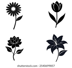 Ilustración vectorial de la silueta del Paquete de 4 flores, Vector de la silueta de la flor 