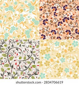 4 Flower seamless patterns with ladybug. Vector Template for Cover, Flyer, Brochure, Greeting Card.