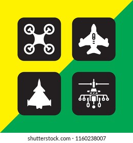 4 fly icons in vector set. drone, jet, military helicopter and military airplane bottom view illustration for web and graphic design