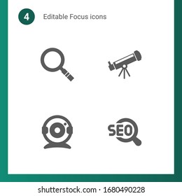 4 iconos rellenos de enfoque establecidos aislados en . Iconos con Ampliador, Astronomía, Cámara Web, iconos SEO.