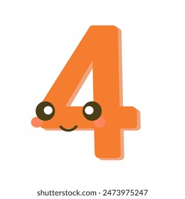4 font number. Number with five cute faces, children, children's room, birthday party design, cartoon vector illustration
