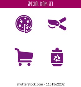 4 food icons in vector set. shopping store cart, food and restaurant, cut and pizza illustration for web and graphic design