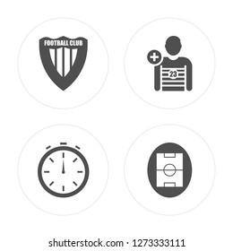 4 Football club, Stopwatch, Soccer player, field modern icons on round shapes, vector illustration, eps10, trendy icon set.