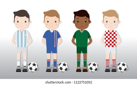 4 Football Players are wearing different design of shirts and standing beside the ball. Vector isolate on white background.