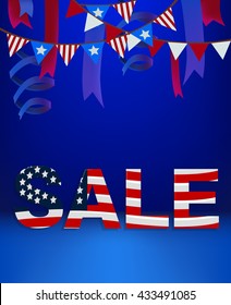 4 Forth Of July Banner Text Sale Template Scene Stage Podium Background Decorated American Flag Stars Stripes Ribbon USA Independence Day Sales Poster Invitation Flyer Card Patriotic Design