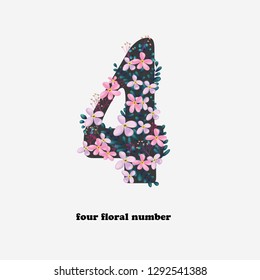 4 four floral number, realist flower font, pink purple green, wedding decoration element, nature figure