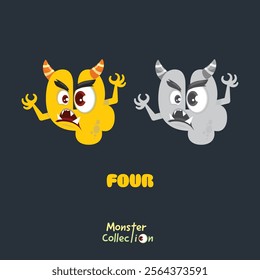 4, four, Monster Cartoon numbers, Colourful Cartoon Monster Collection with Cute and Scary Designs