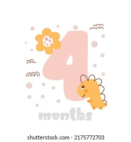 4 four months anniversary card. Baby shower print with cute animal dino and flowers capturing all special moments. Baby milestone card for newborn girl.