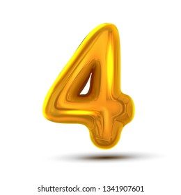 4 Four Number Vector. Golden Yellow Metal Letter Figure. Digit 4. Numeric Character. Alphabet Typography Design Element. Party Foil Symbol. Numeral Bright Metallic 3D Realistic Illustration

