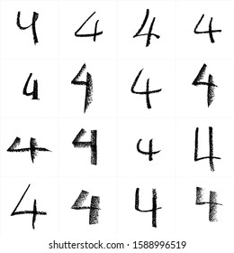4 four. Set of hand drawn digits. Hand made written with crayon templates of figures. Patterns of grunge style calligraphy for graphic design works. 