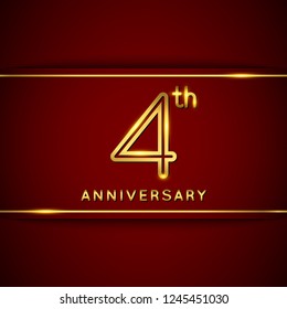 4 / Four Years Anniversary Logo with Shiny Golden Number on Red Background Isolated. 4th / Fourth Celebration Event. Can Use for Poster, Invitation and Greeting Card. Easily Editable Vector.