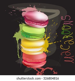 4 french macarons at pink paint splash background. Watercolor vector illustration of light pastries.