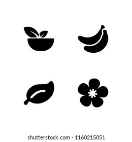 4 fresh icons in vector set. flower, salad, plant leaf with white details and banana illustration for web and graphic design