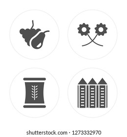 4 Fruit, Wheat, Flower, Silo modern icons on round shapes, vector illustration, eps10, trendy icon set.