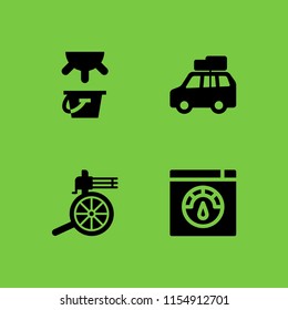 4 full icons in vector set. milk, miscellaneous, car with luggage and speed test illustration for web and graphic design