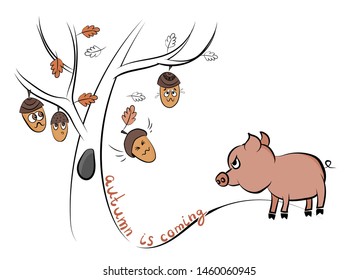 4 funny characters on the oak tree -  autumn acorns with different emotions and hungry pink pig nearby. Cute illustration in cartoon style on white background.