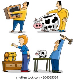 4 funny Characters Saving money