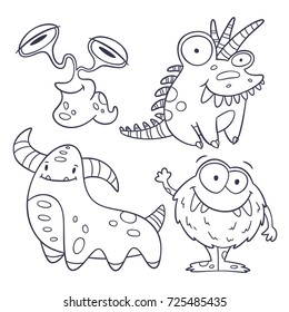 4 funny monster doodles (outlines). Slug with huge eyes, prickly lizard, horned caterpillar and furry ball. Line art. Vector illustration. Isolated on white background.