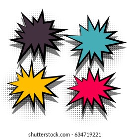 4 funny set comic book cartoon text dialog, colored empty star cloud. Tag banner for sale. Abstract creative vector colorful blank bubble. Speech balloon halftone dot background pop art style