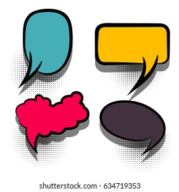 4 funny set comic book cartoon text dialog, colored empty cloud. Tag banner for sale. Abstract creative vector colorful blank bubble. Speech balloon halftone dot background pop art style