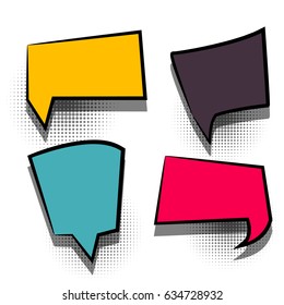 4 funny set comic book cartoon text dialog, colored empty square cloud. Tag banner for sale. Abstract creative vector colorful blank bubble. Speech balloon on halftone dot background pop art style