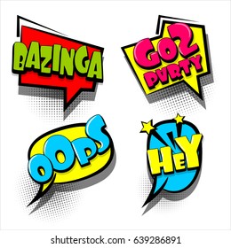 4 Funny set comic book cartoon text phrase oops, hey. Colored dialog box cloud. Abstract creative hand drawn vector colorful speech bubble. Balloon on halftone dot background pop art style.