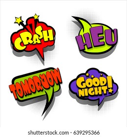 4 Funny set comic book cartoon text phrase crash, good night. Colored dialog box cloud. Abstract creative hand drawn vector colorful speech bubble. Balloon on halftone dot background pop art style.
