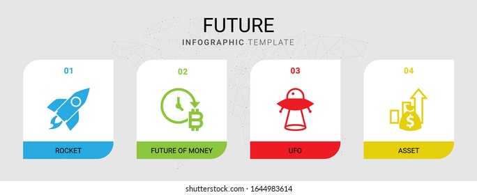 4 future filled icons set isolated on infographic template. Icons set with rocket, future of money, ufo, Asset icons.