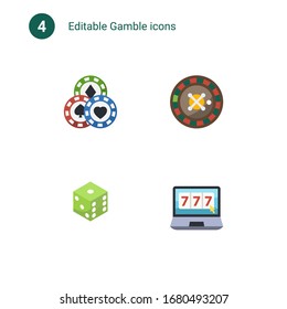 4 gamble flat icons set isolated on . Icons set with Casino, roulette, dice, online casino icons.