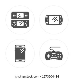 4 Game console, Smartphone, controller modern icons on round shapes, vector illustration, eps10, trendy icon set.